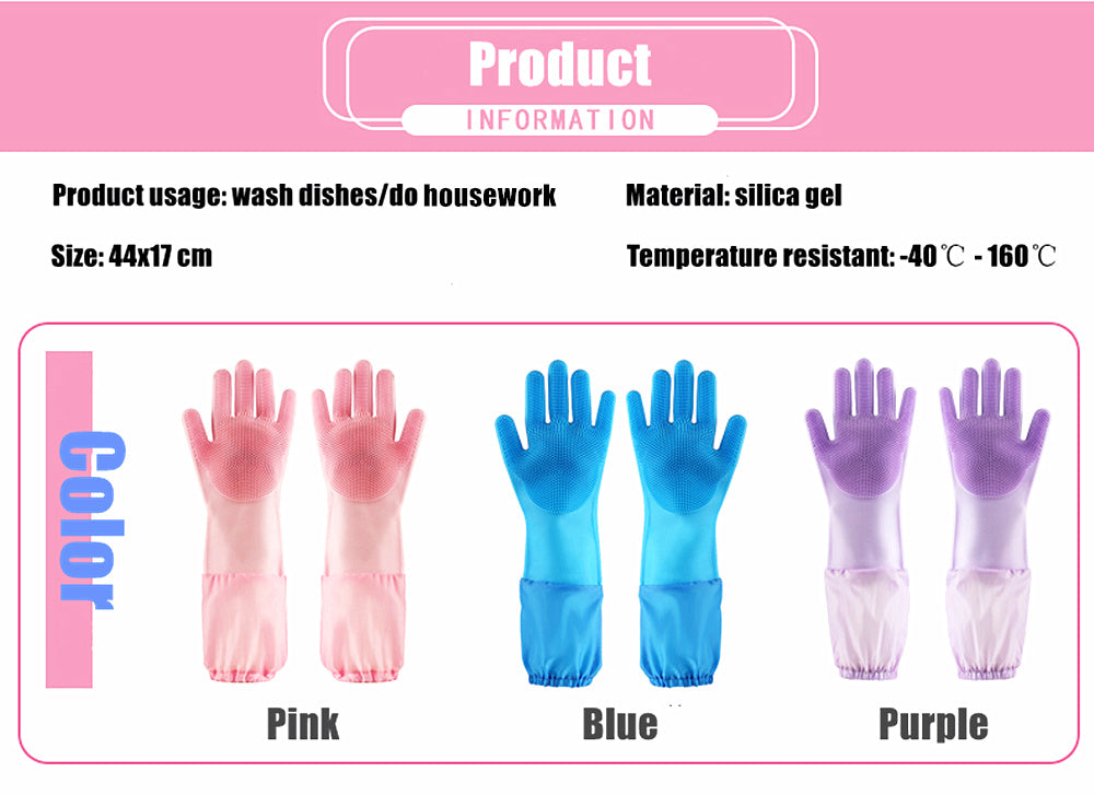 Silicone Dishwashing Scrubbing Gloves Long Cuff and Flannel Lining