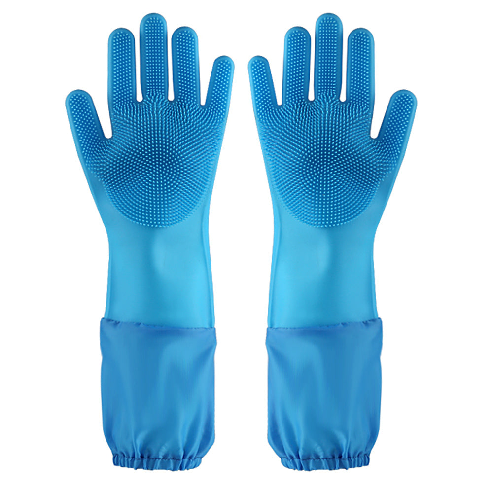 Silicone Dishwashing Scrubbing Gloves Long Cuff and Flannel Lining