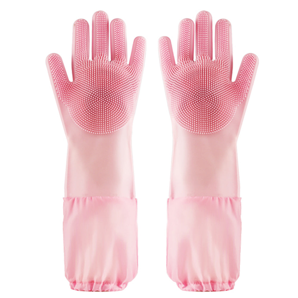 Silicone Dishwashing Scrubbing Gloves Long Cuff and Flannel Lining