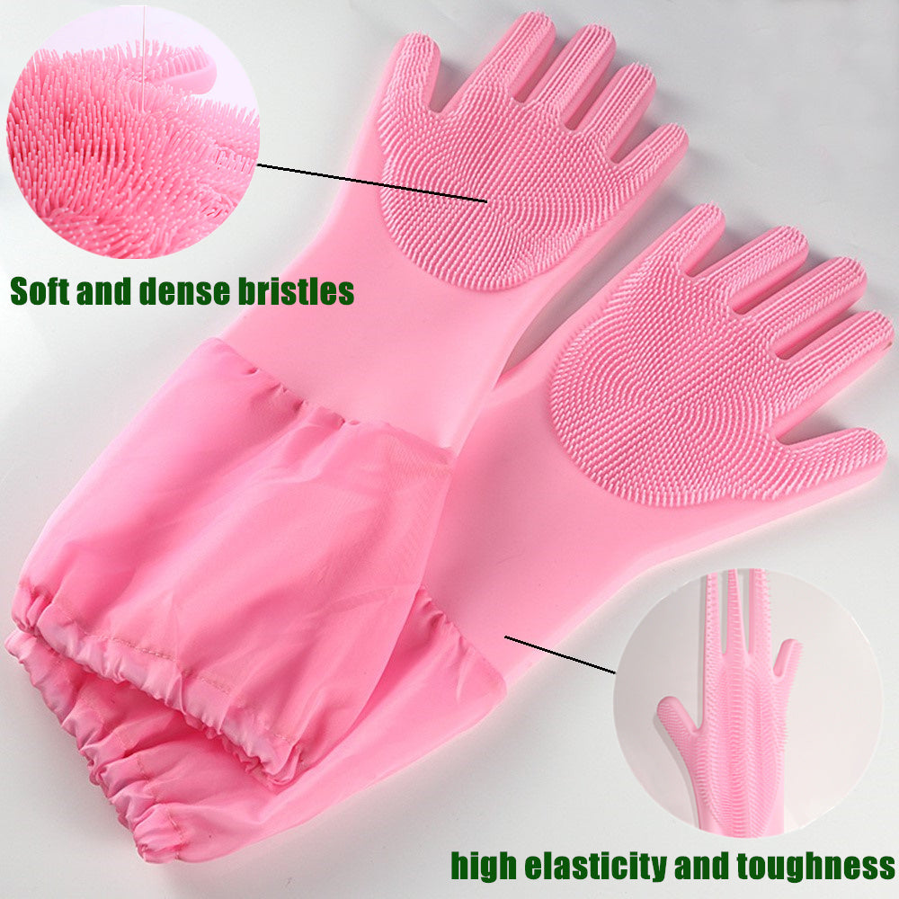 Silicone Dishwashing Scrubbing Gloves Long Cuff and Flannel Lining