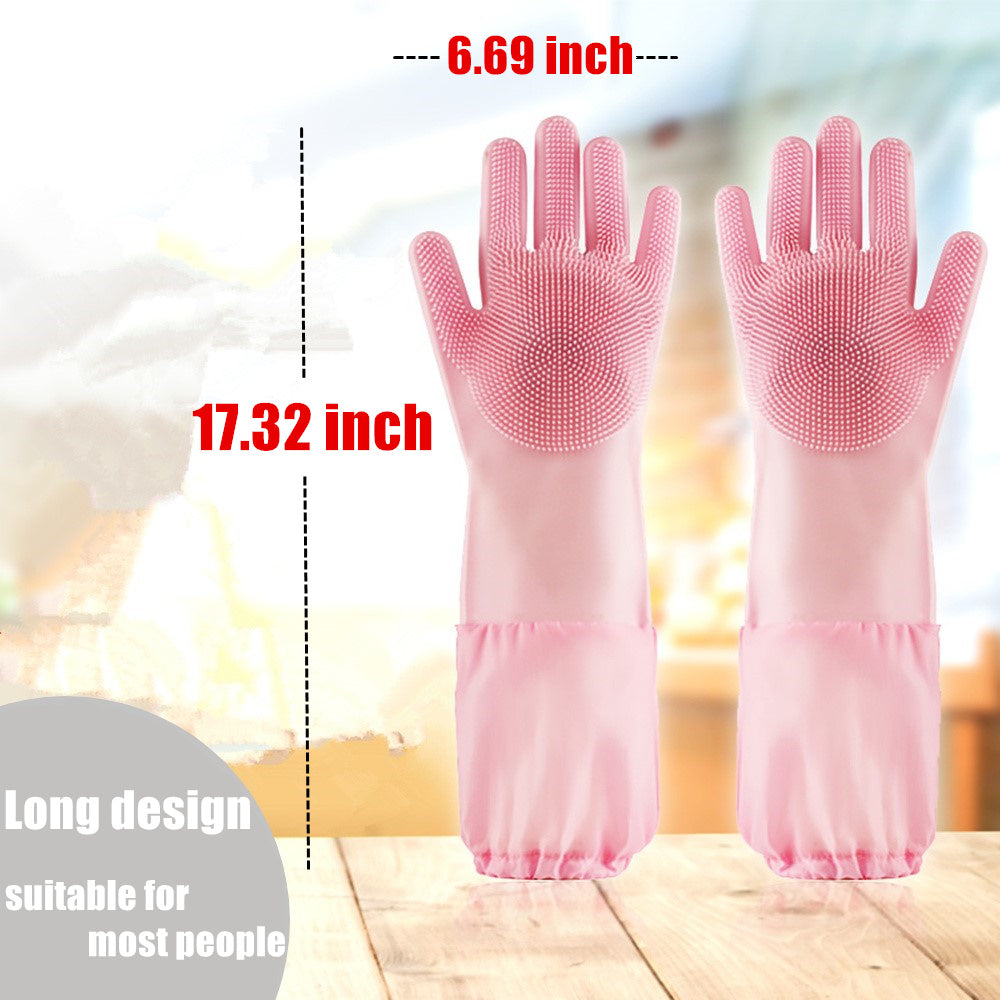 Silicone Dishwashing Scrubbing Gloves Long Cuff and Flannel Lining