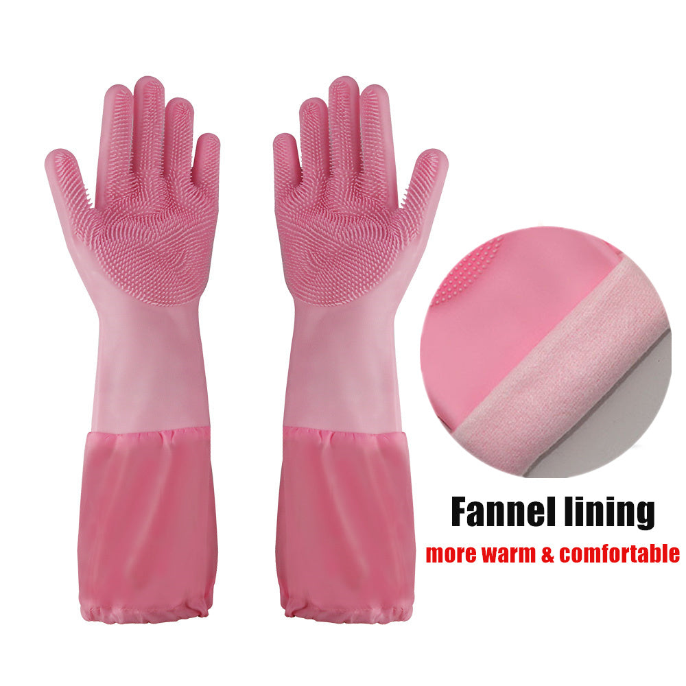 Silicone Dishwashing Scrubbing Gloves Long Cuff and Flannel Lining