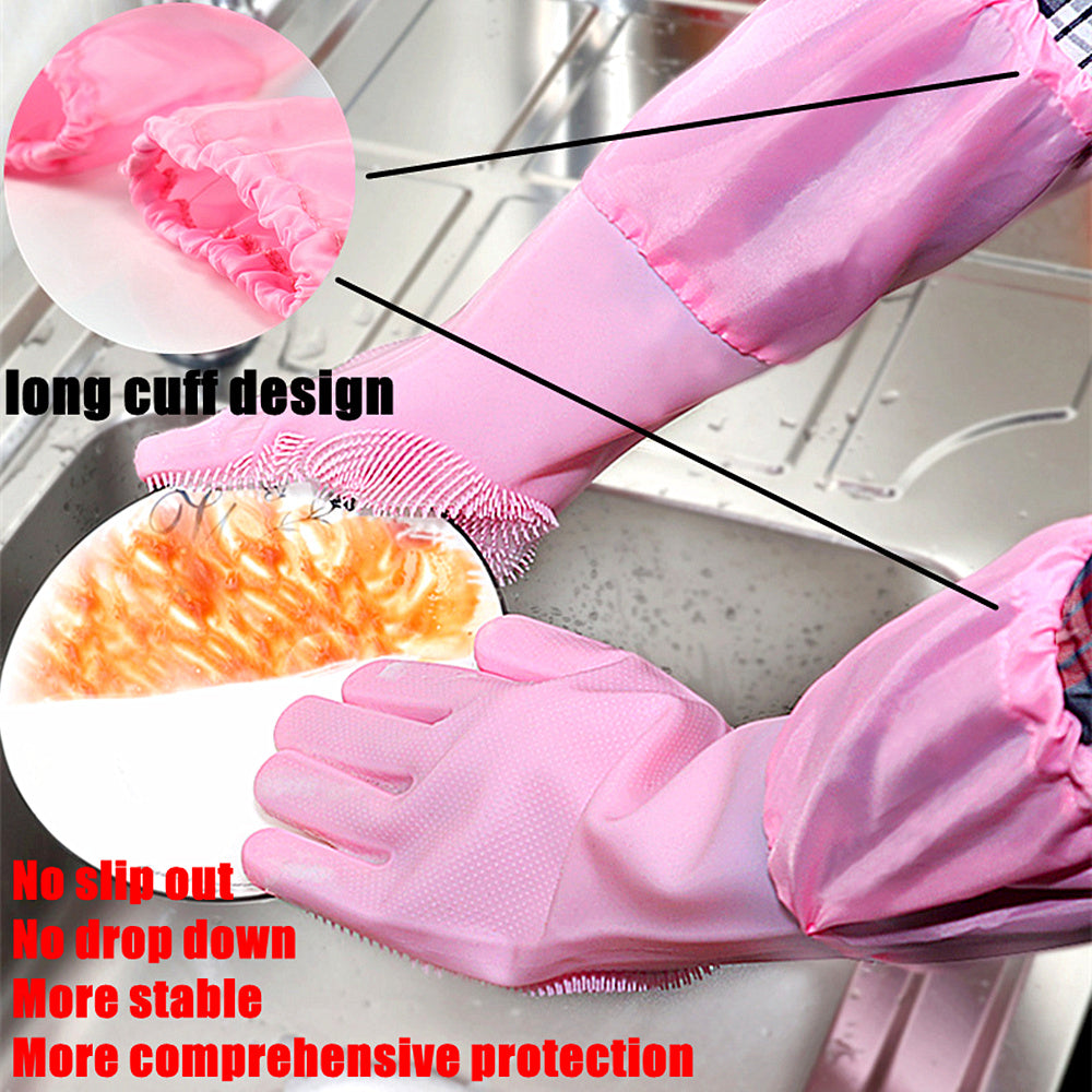 Silicone Dishwashing Scrubbing Gloves Long Cuff and Flannel Lining