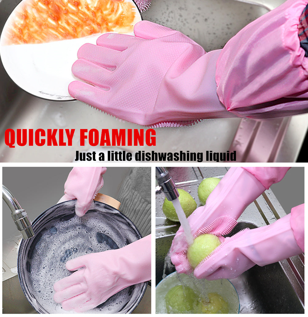 Silicone Dishwashing Scrubbing Gloves Long Cuff and Flannel Lining