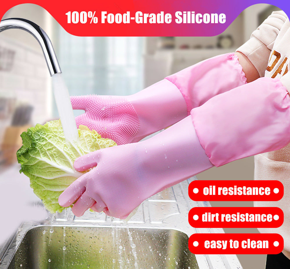 Silicone Dishwashing Scrubbing Gloves Long Cuff and Flannel Lining