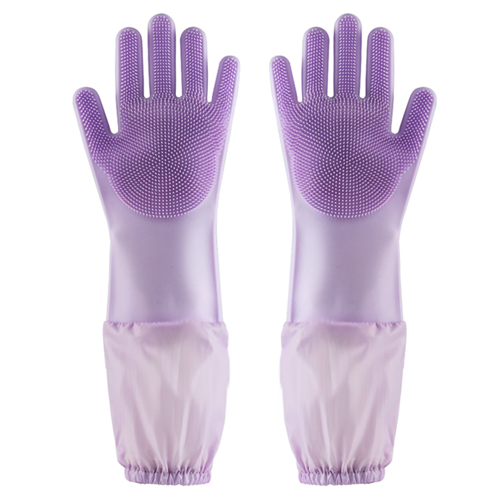 Silicone Dishwashing Scrubbing Gloves Long Cuff and Flannel Lining