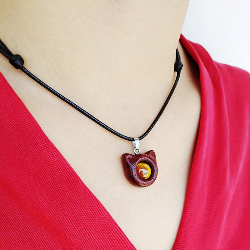 Handmade Zircon Wood Cat Necklace