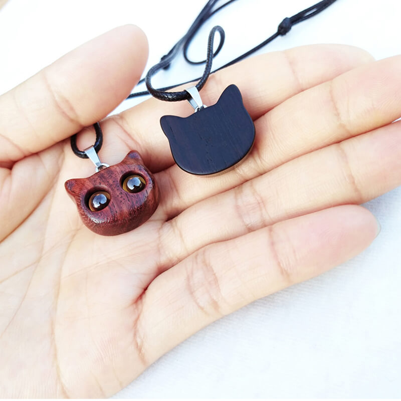 Handmade Wood Carving Cat Necklace