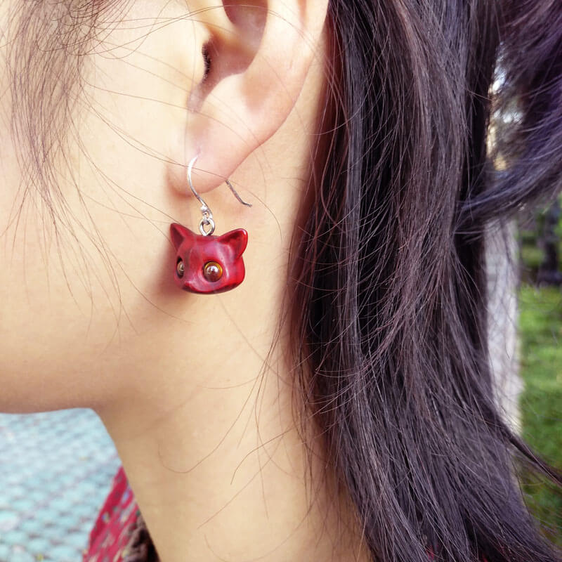 Handmade Wood Fox Silver Earrings