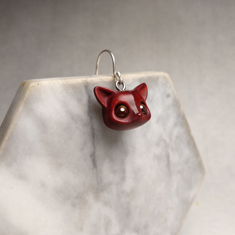 Handmade Wood Fox Silver Earrings